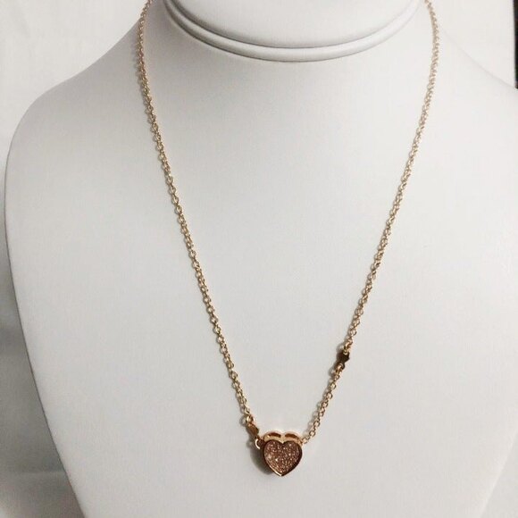 Druzy Heart Pendant Necklace Rose Gold Tone - Picture 2 of 9